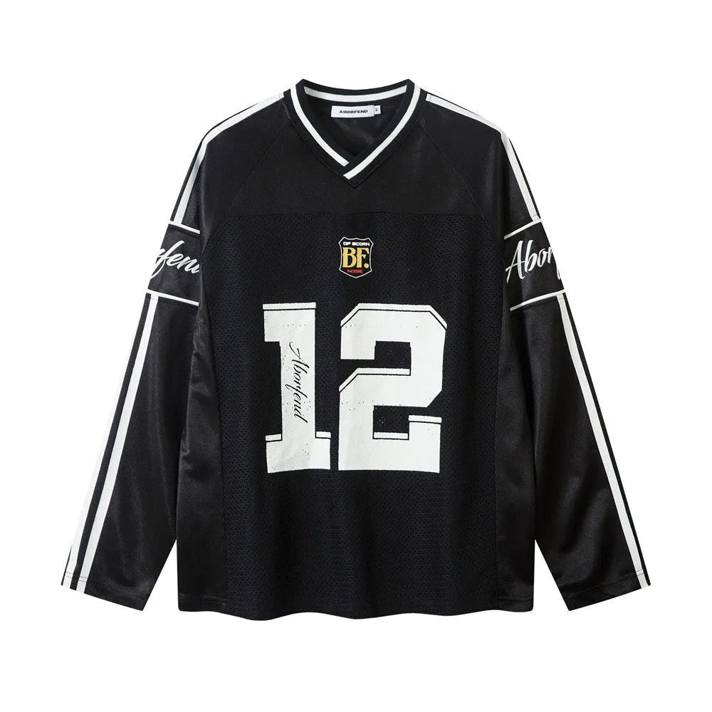 Men's black and white digital printed V-neck long-sleeved top loose fit