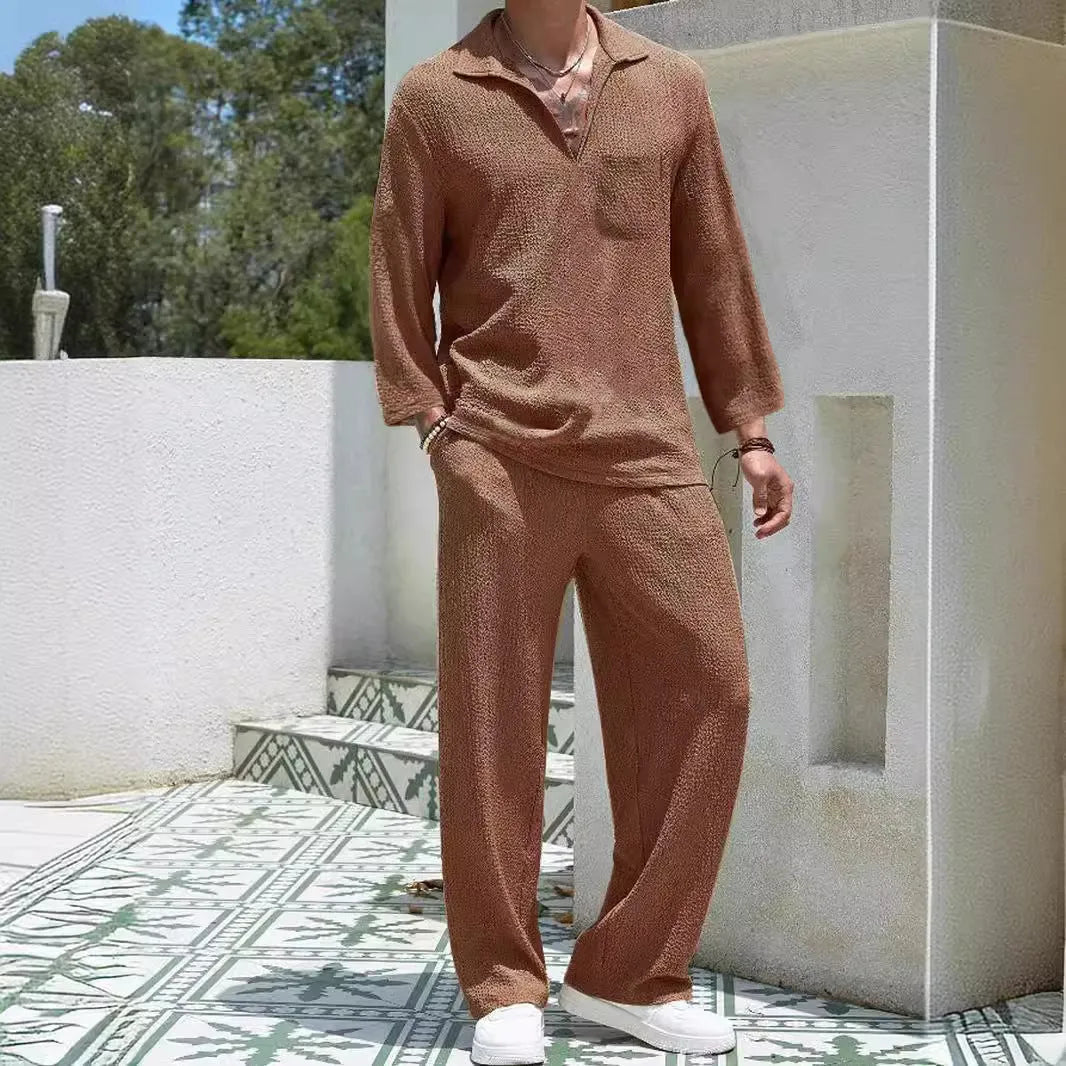 Men's casual shirt trousers suit in lake blue colour, two-piece set for autumn leisure wear