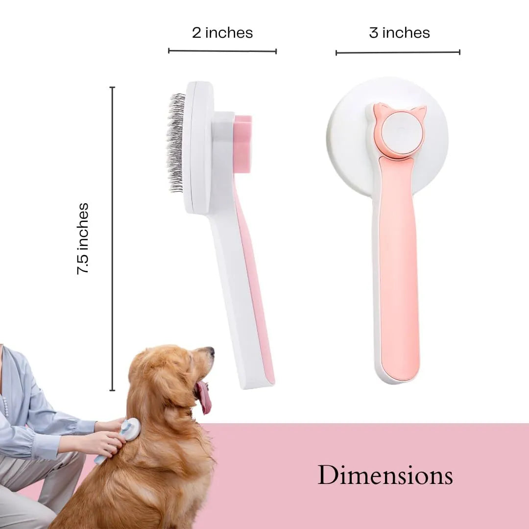 Blue self-cleaning pet grooming brush with rubber handle and stainless steel pins on a white background.