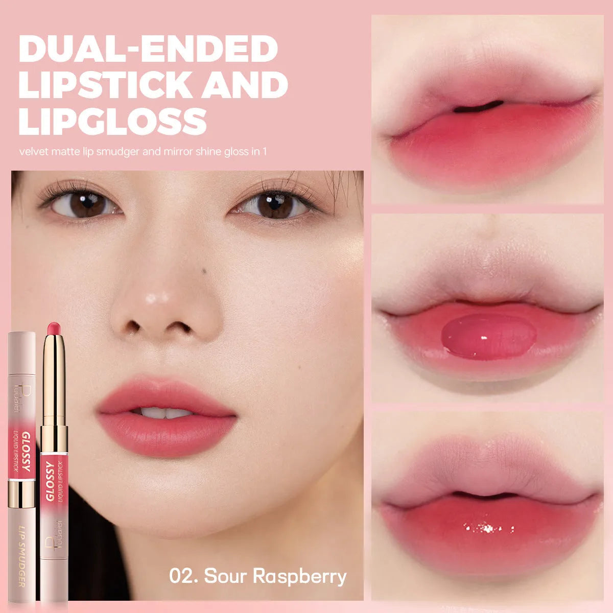 Double-headed lipstick and lip gloss cosmetic product showing matte finish with ten colour options