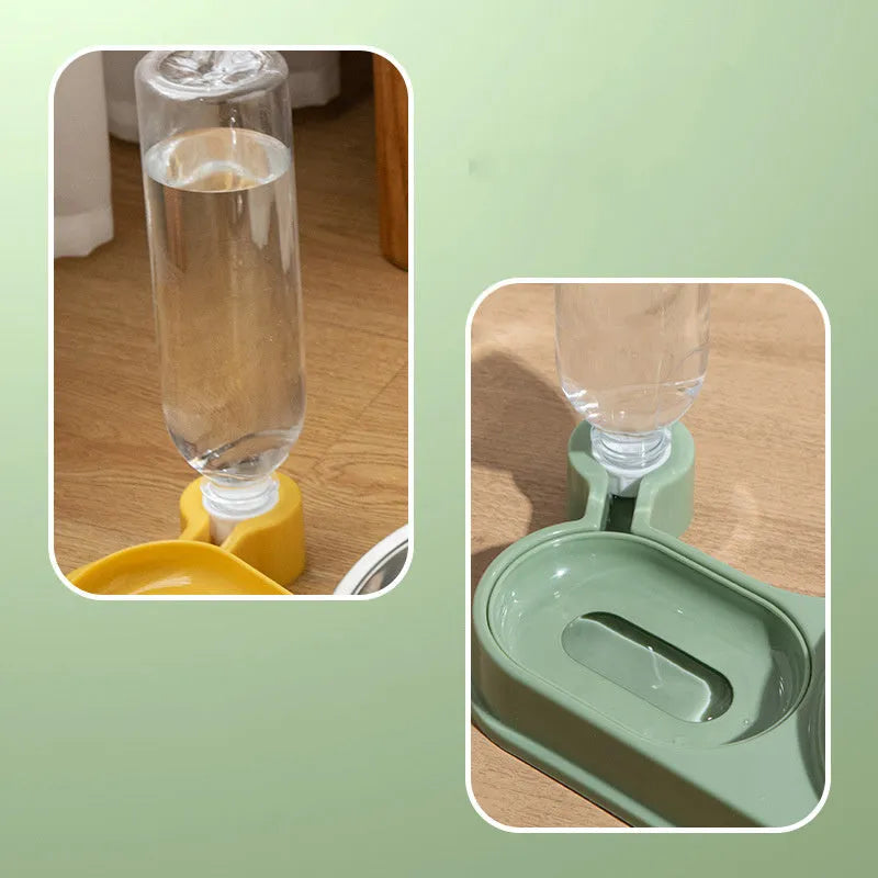 Brown elevated cat bowl with attached water dispenser bottle on a wooden floor.