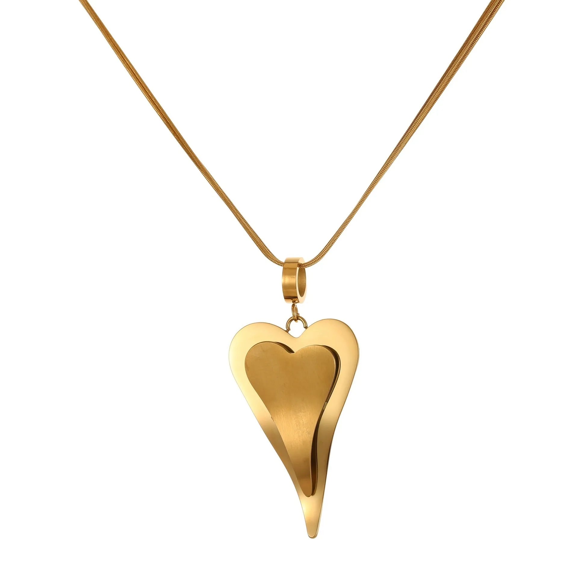 Stainless steel geometric snake bones chain necklace with double heart pendant in gold finish