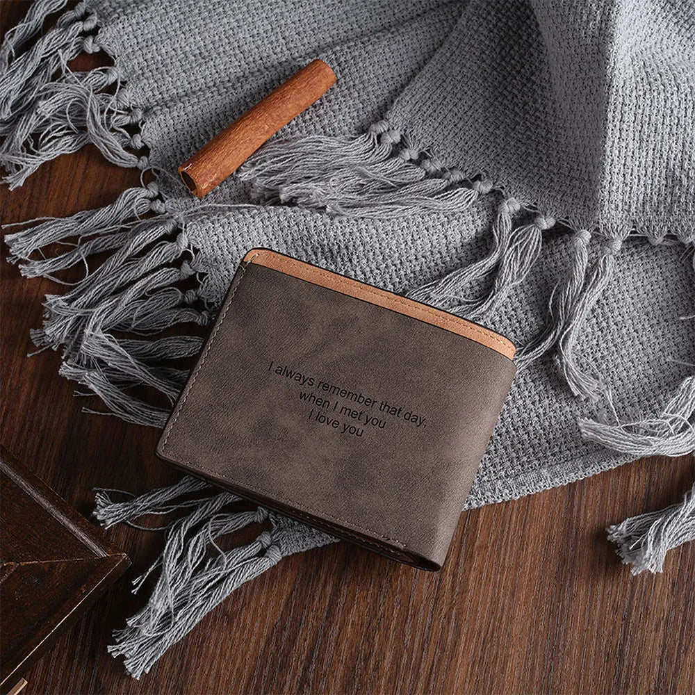 Engraved horizontal short wallet in coffee PU with seven card slots