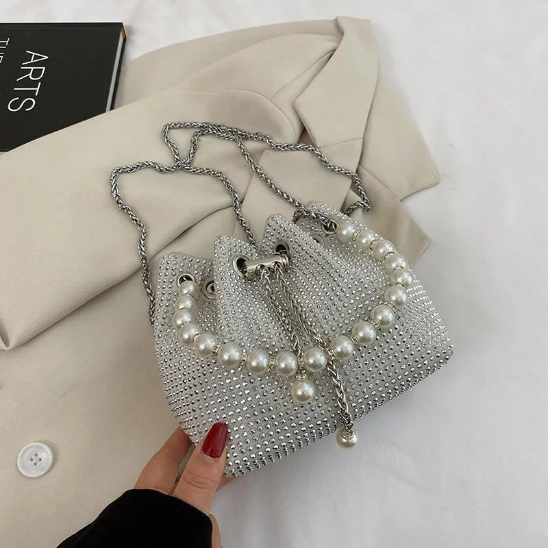 PU shoulder bag with diamond detailing and chain crossbody strap