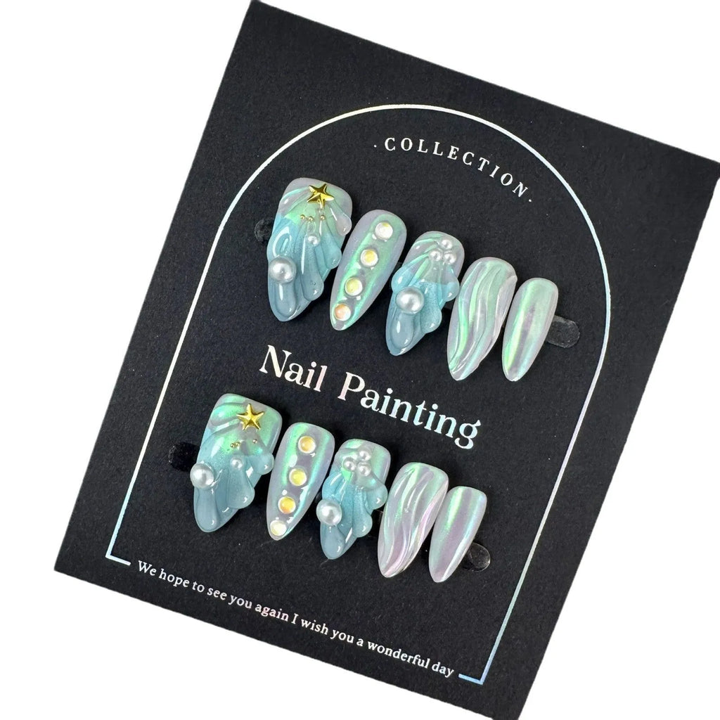 Blue plastic HAILANG shell nail stickers in XS S M L sizes for summer manicures