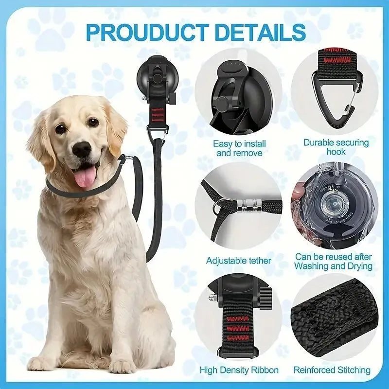 Black and blue pet bathing restraint with four adjustable suction cup cuffs for dogs.