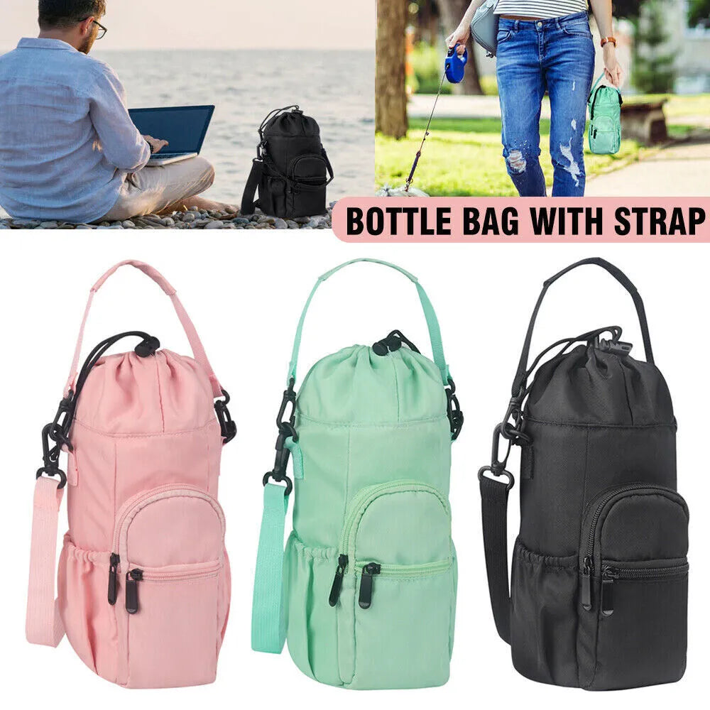 Cloth water bottle shoulder bag with crossbody strap in black, green and pink colour options