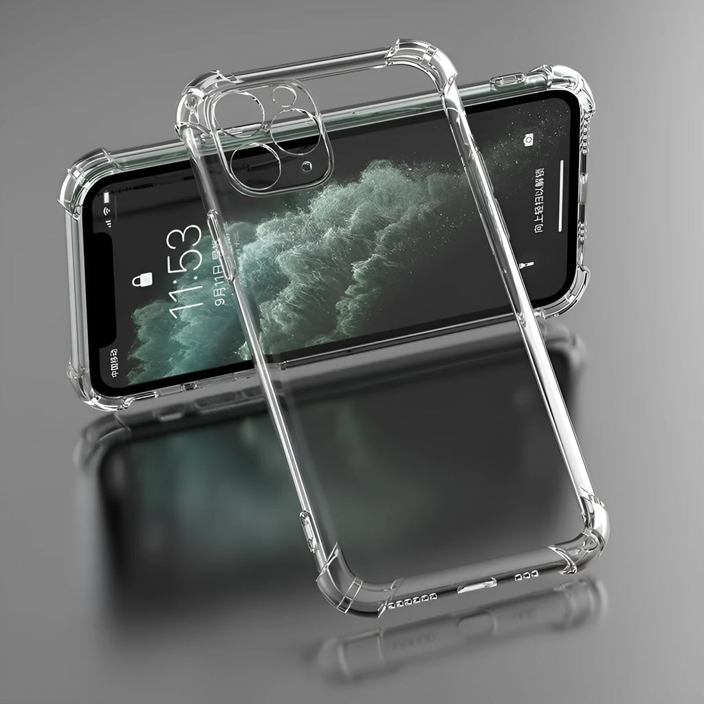 Transparent clear TPU shockproof case for iPhone shown on a phone.