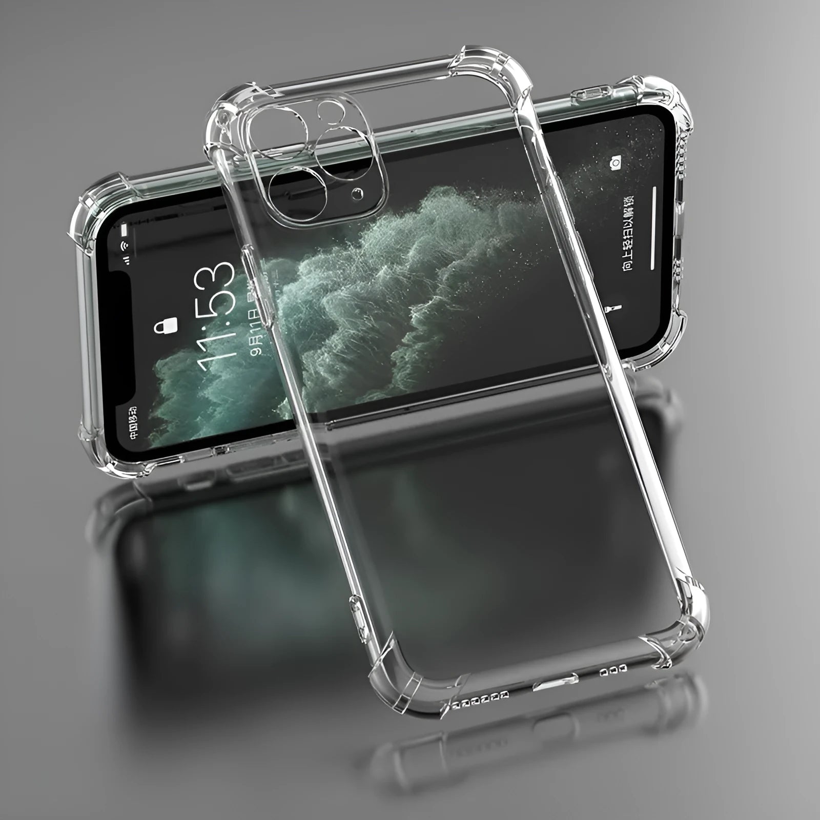 Transparent clear TPU shockproof case for iPhone shown on a phone.