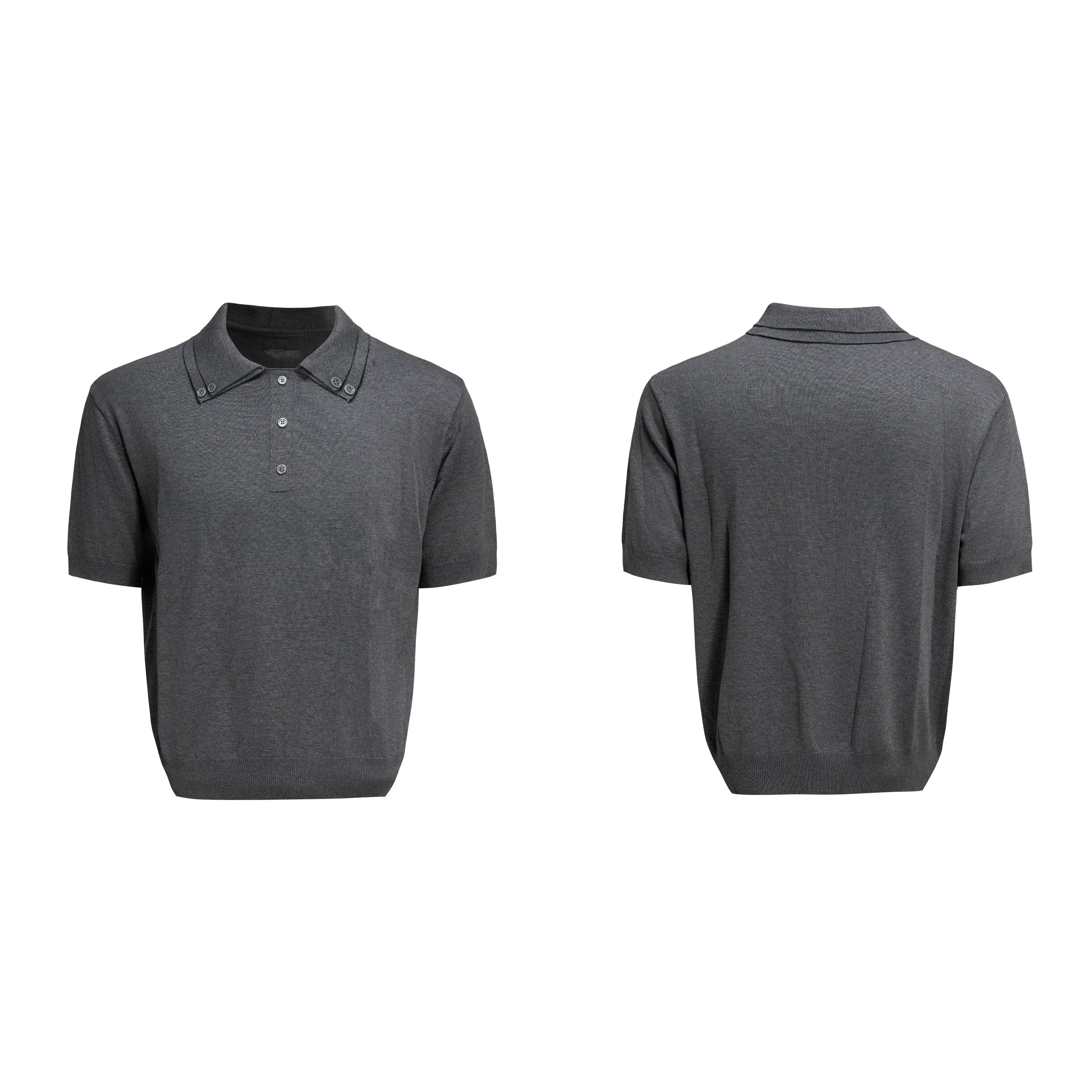 Men's black polyester short sleeve shirt with double collar lapel design and fastener decoration