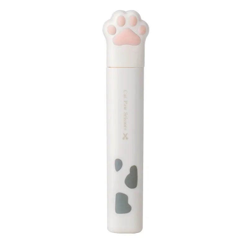 Cat paw mini folding scissors showing stainless steel blades and four colour options: pink, white, black, and blue