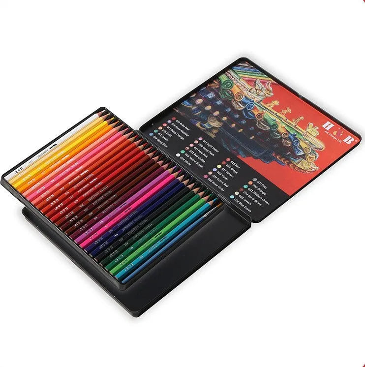 Open iron box showing 24 water-soluble coloured pencils in assorted colours.