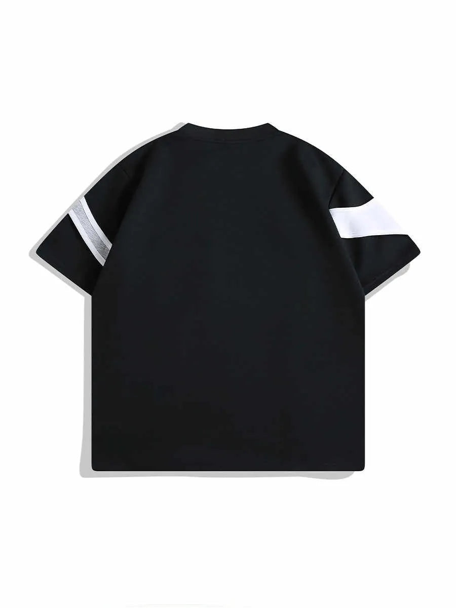 Men's black loose fit t-shirt with padded shoulder straps and short sleeves.