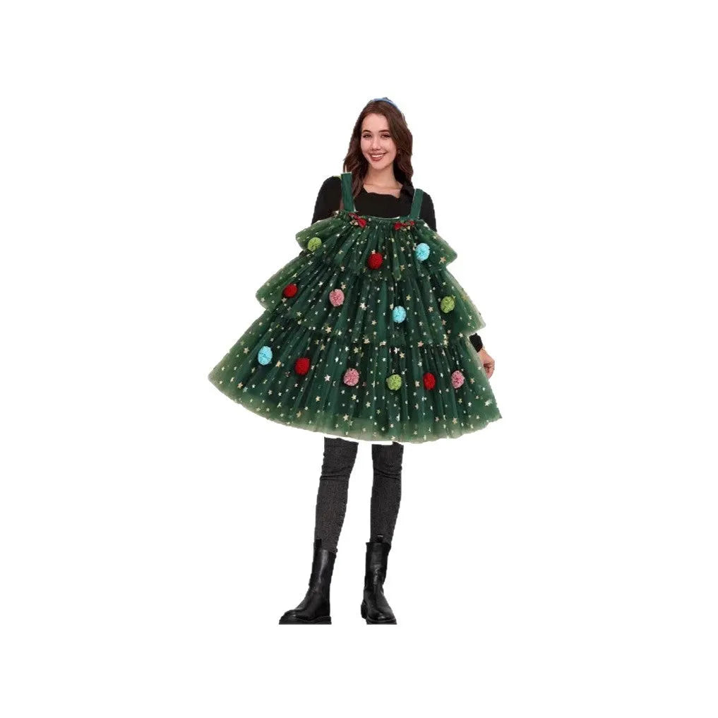 Green mesh polka dot Christmas tree pattern decorative suspender dress with multi-tiered skirt