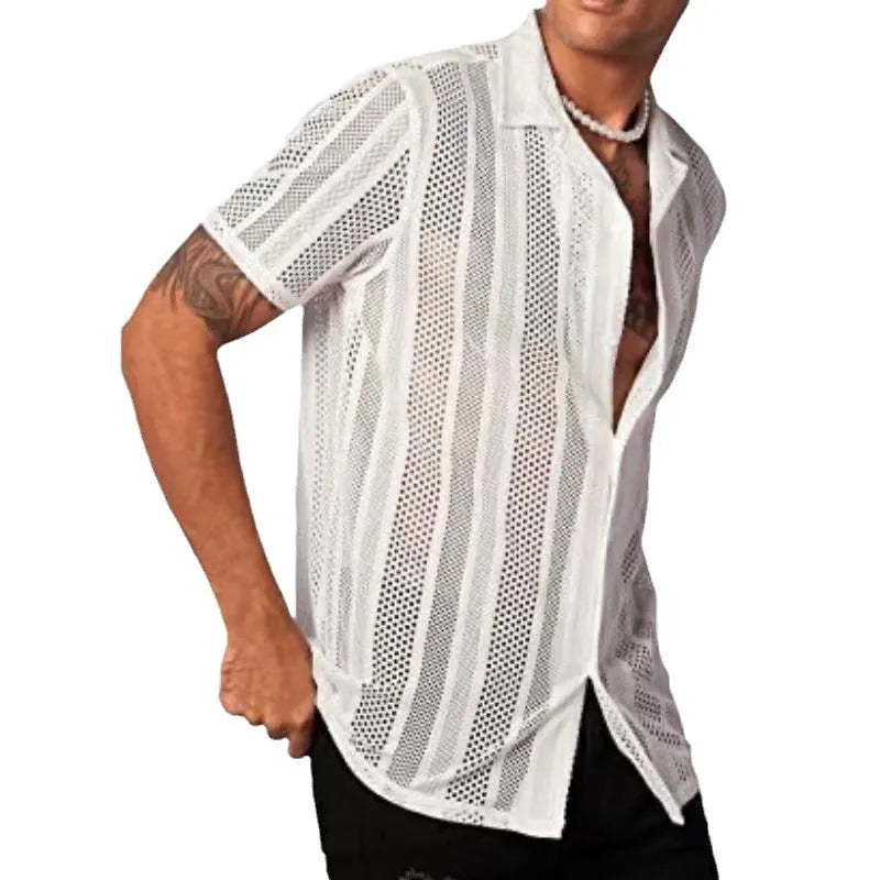 Men's black knitted short-sleeve shirt with jacquard texture and button cardigan design