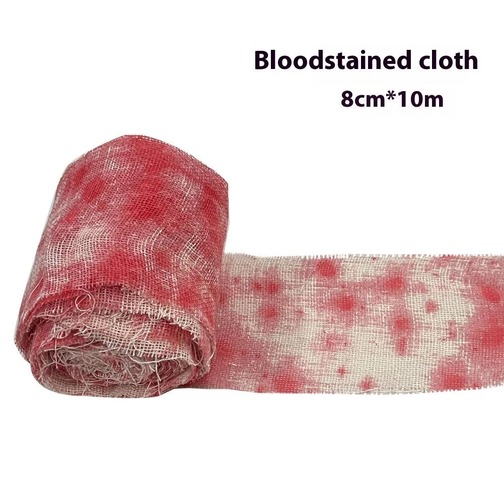 Red and white dyed bloody gauze bandage roll for Halloween costume horror prop decoration