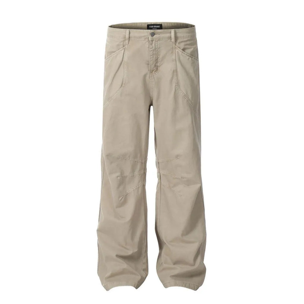 Men's brown loose fit straight leg trousers with high waist and zipper fly opening