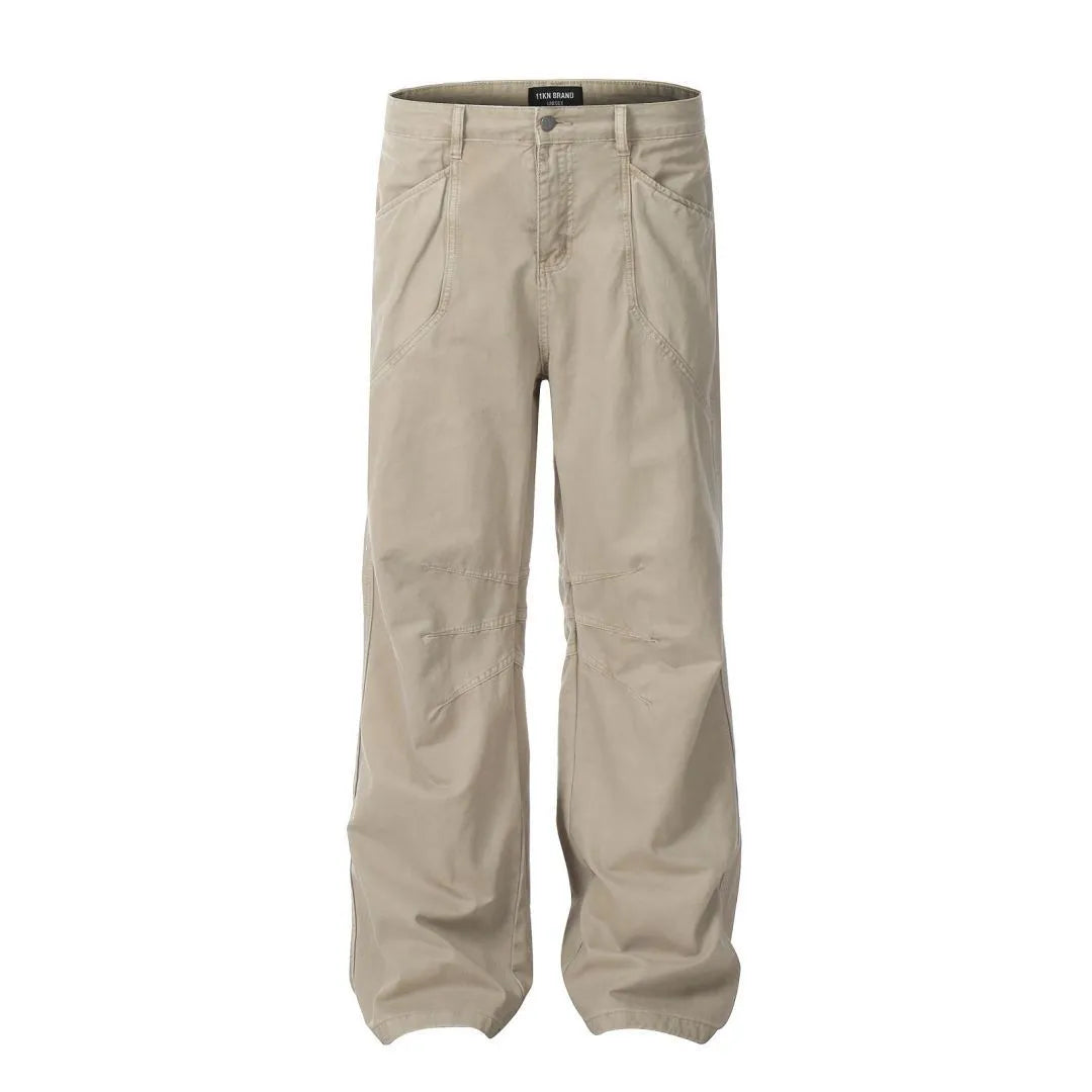 Men's brown loose fit straight leg trousers with high waist and zipper fly opening