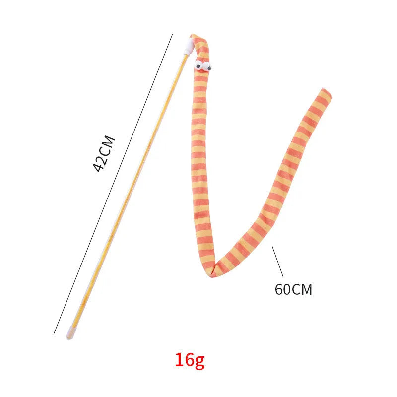 Cat wand toy with polycarbonate handle and long plush strip in vibrant colours