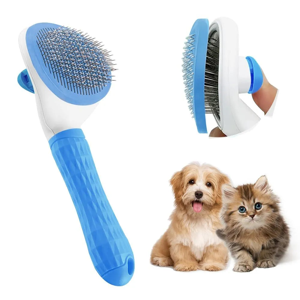 Cat grooming brush with release button in blue, grey, or pink colours for removing loose fur and tangles