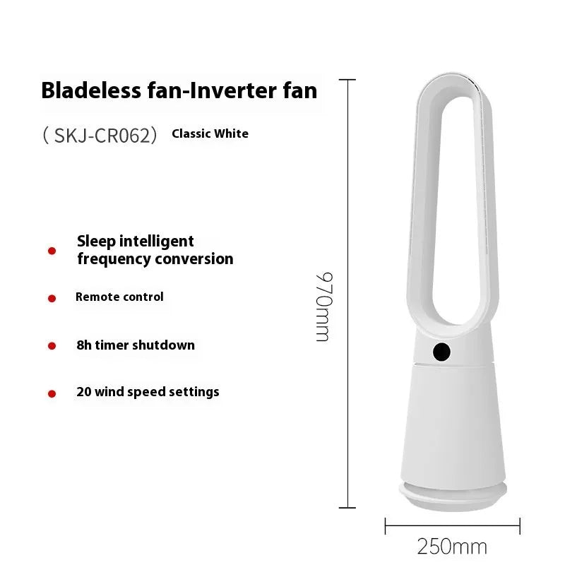 White SK bladeless tower floor fan with touch screen controls and remote