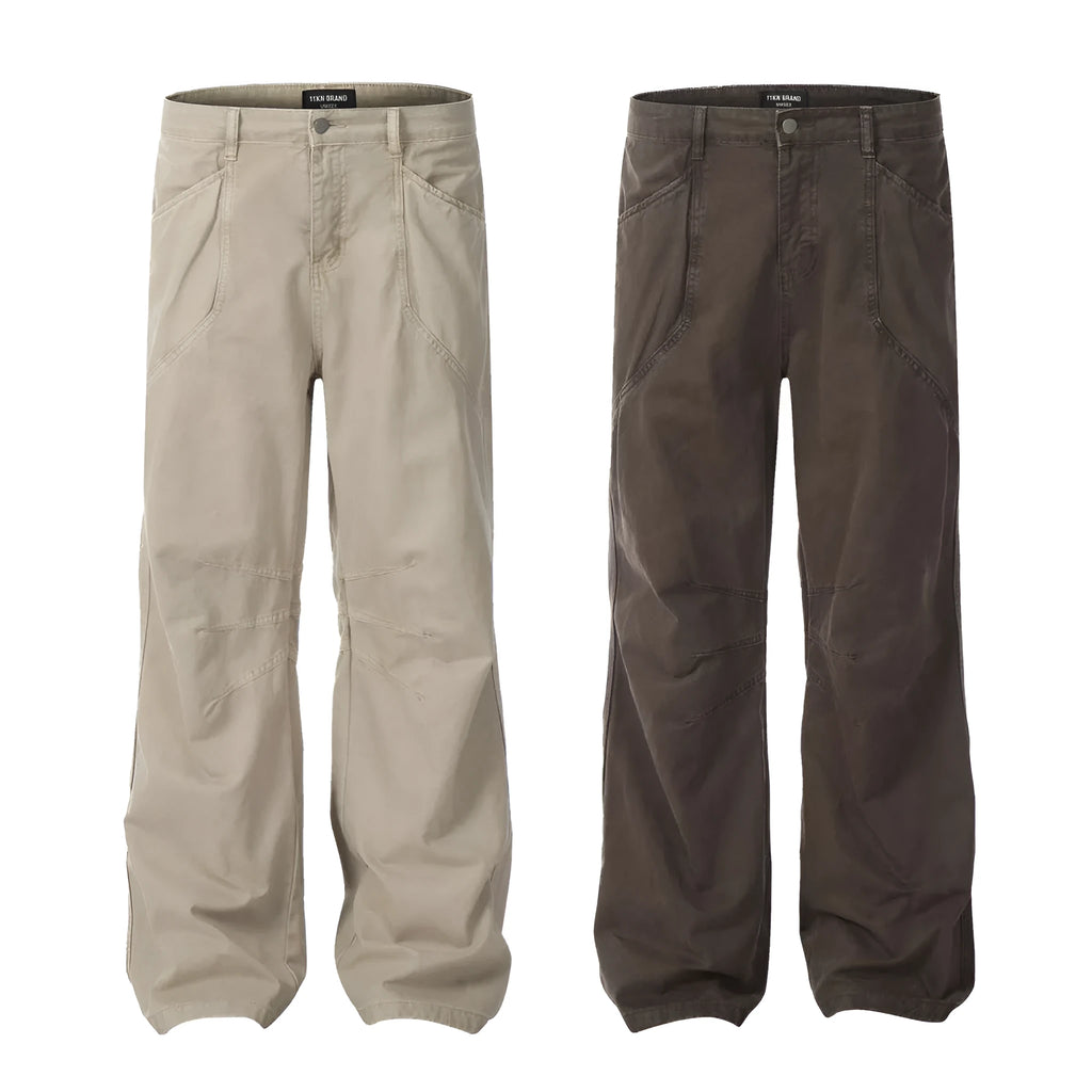 Men's brown loose fit straight leg trousers with high waist and zipper fly opening