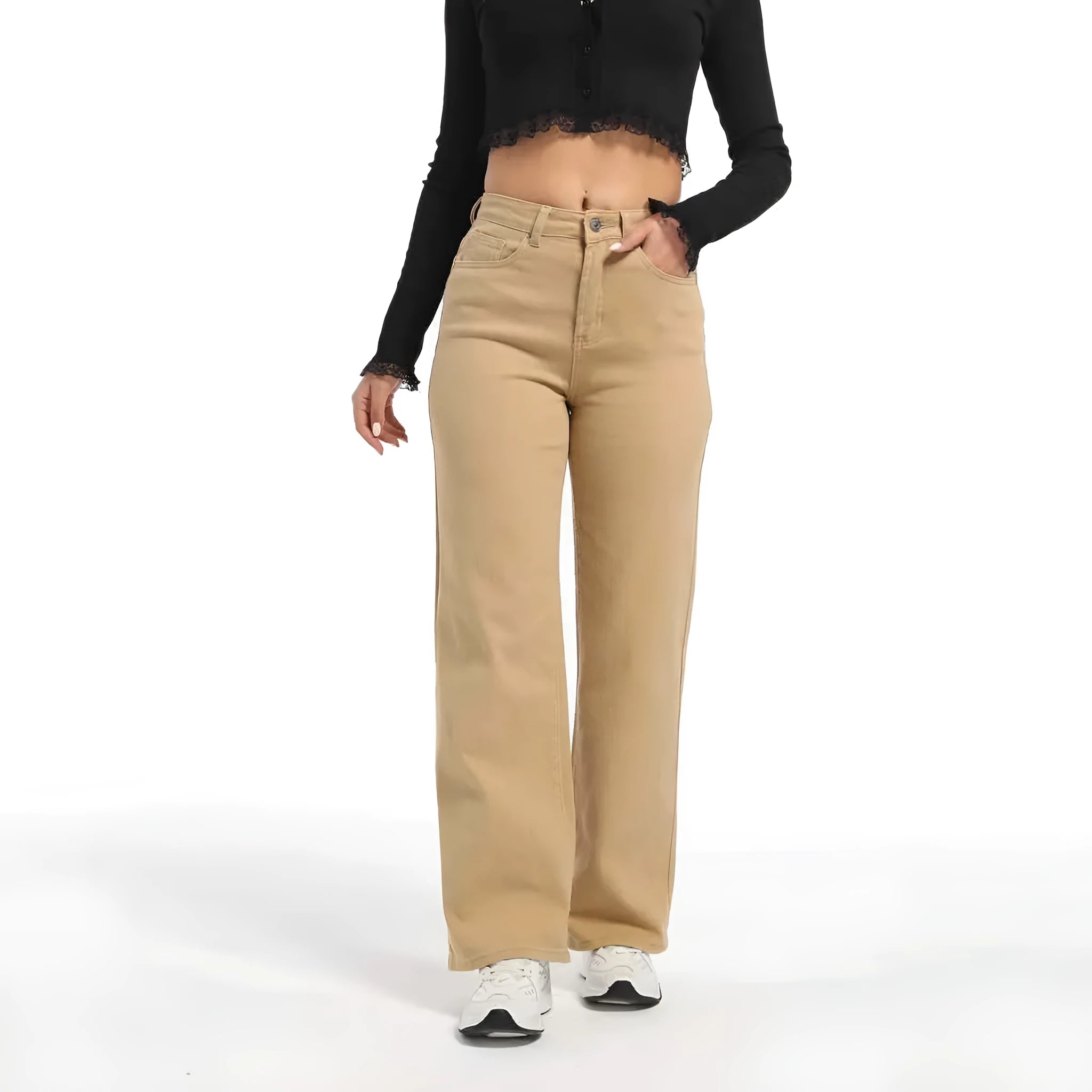 Women's high-waist straight leg wide jeans in apricot colour on a hanger.
