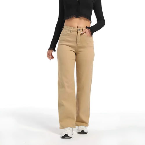Women's high-waist straight leg wide jeans in apricot colour on a hanger.