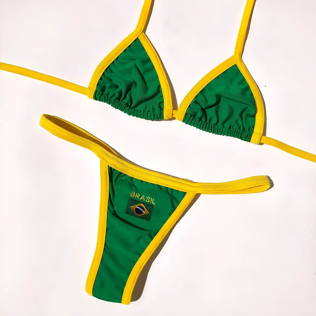 Women's yellow polyester bikini set with T-back bra and shorts-length panties