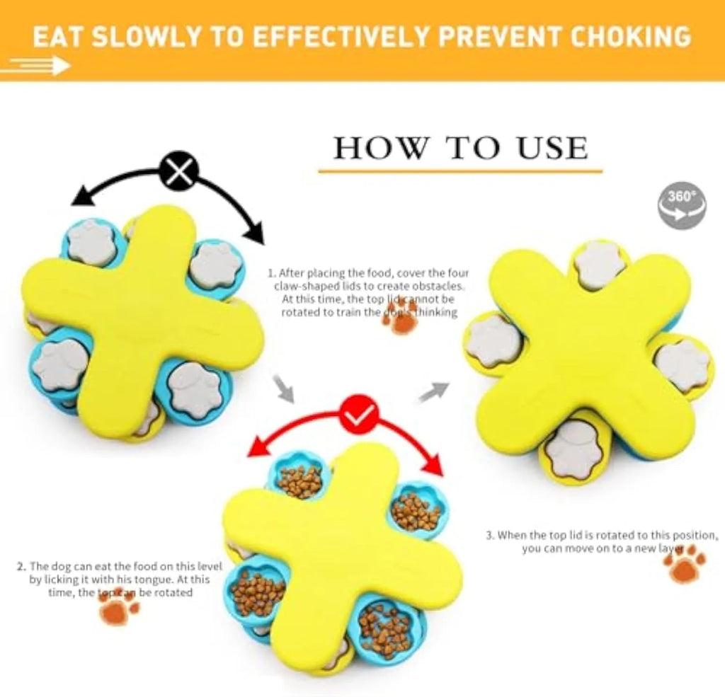 Yellow three-layer rotating dog puzzle feeder toy with non-slip base for slow feeding and IQ training.