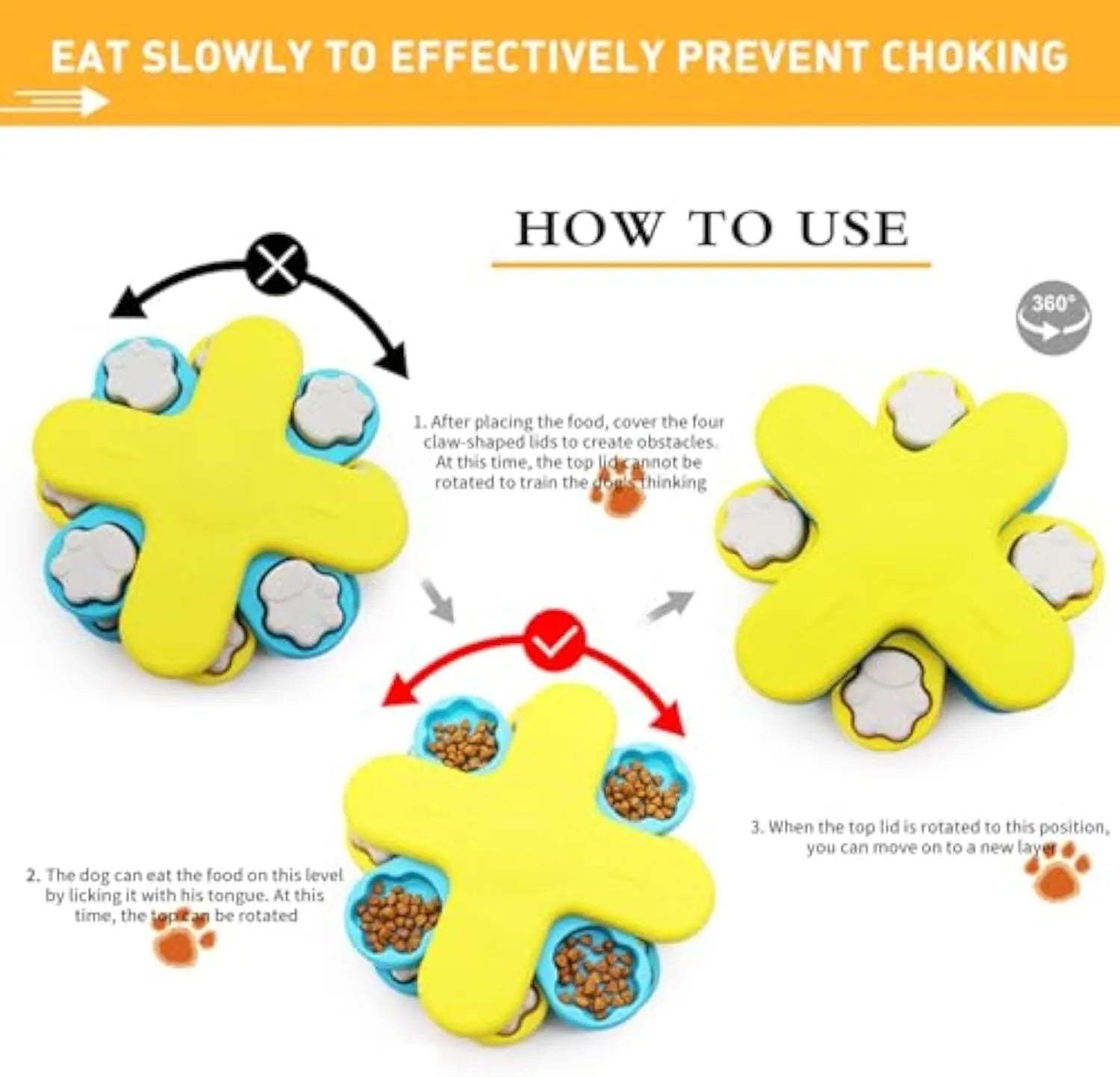 Yellow three-layer rotating dog puzzle feeder toy with non-slip base for slow feeding and IQ training.
