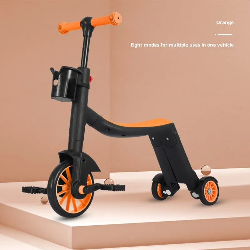 Multifunctional eight-in-one baby plastic scooter with push handle in blue skateboard option