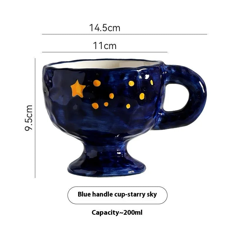 Hand-pinched irregular shaped ceramic mug in a solid colour, shown from the side.