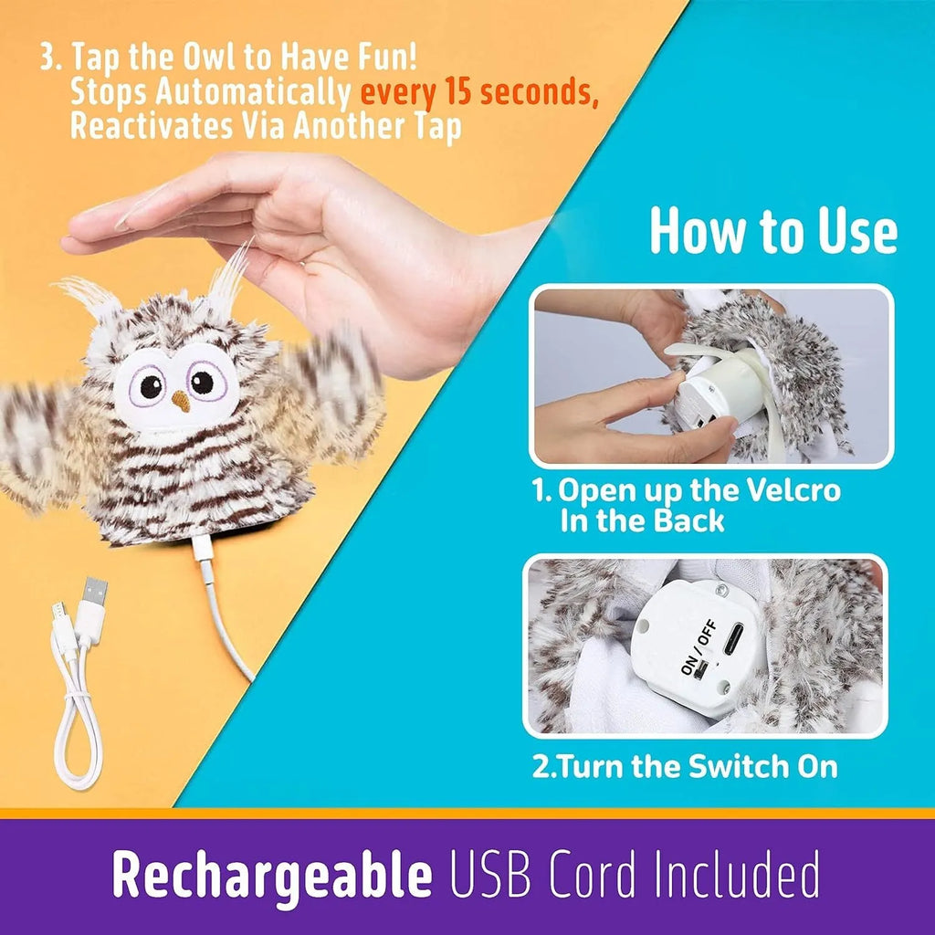 Grey owl-shaped automatic cat toy with flapping wings on charging cable