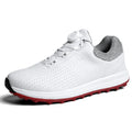 Golf fashion low top platform sneaker with embroidered line detail and non-slip rubber outsole, side view, in white colour option