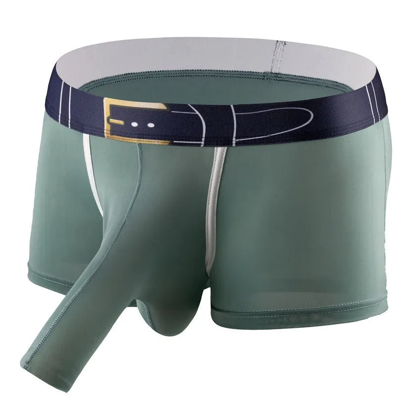 A pair of solid colour men's ice silk boxers laid flat, showing the mid waistband design.