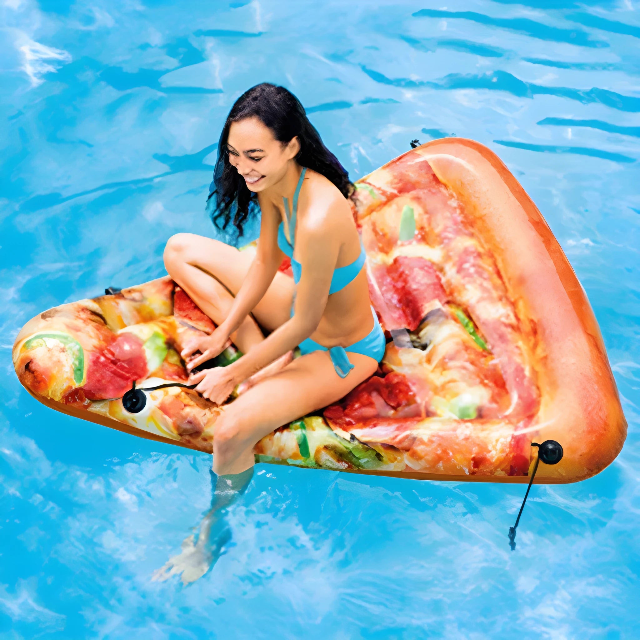 Inflatable pizza slice surfboard float measuring 175cm by 145cm for water lounging