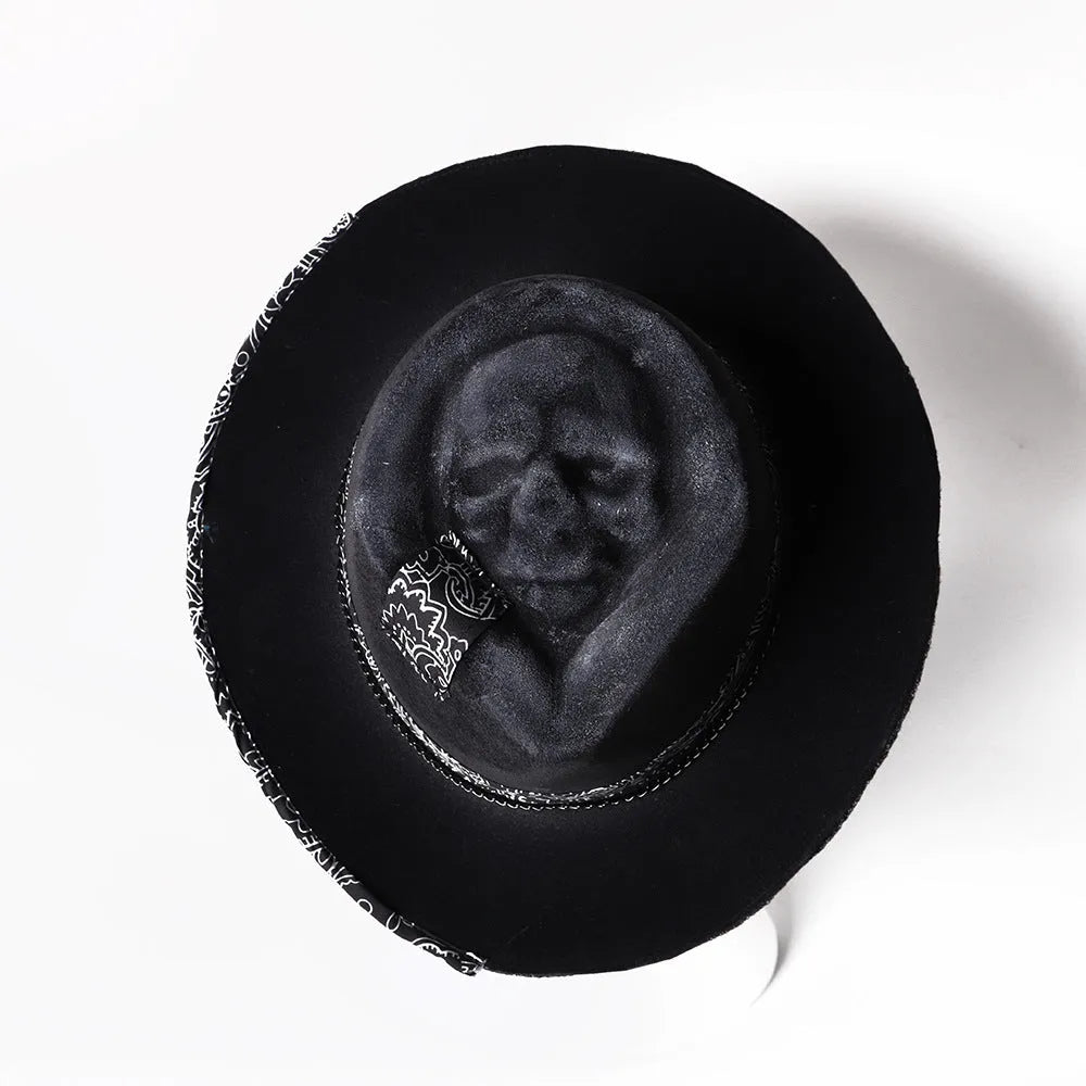 Handmade wool skull hat with conical crown design for Halloween and costume wear
