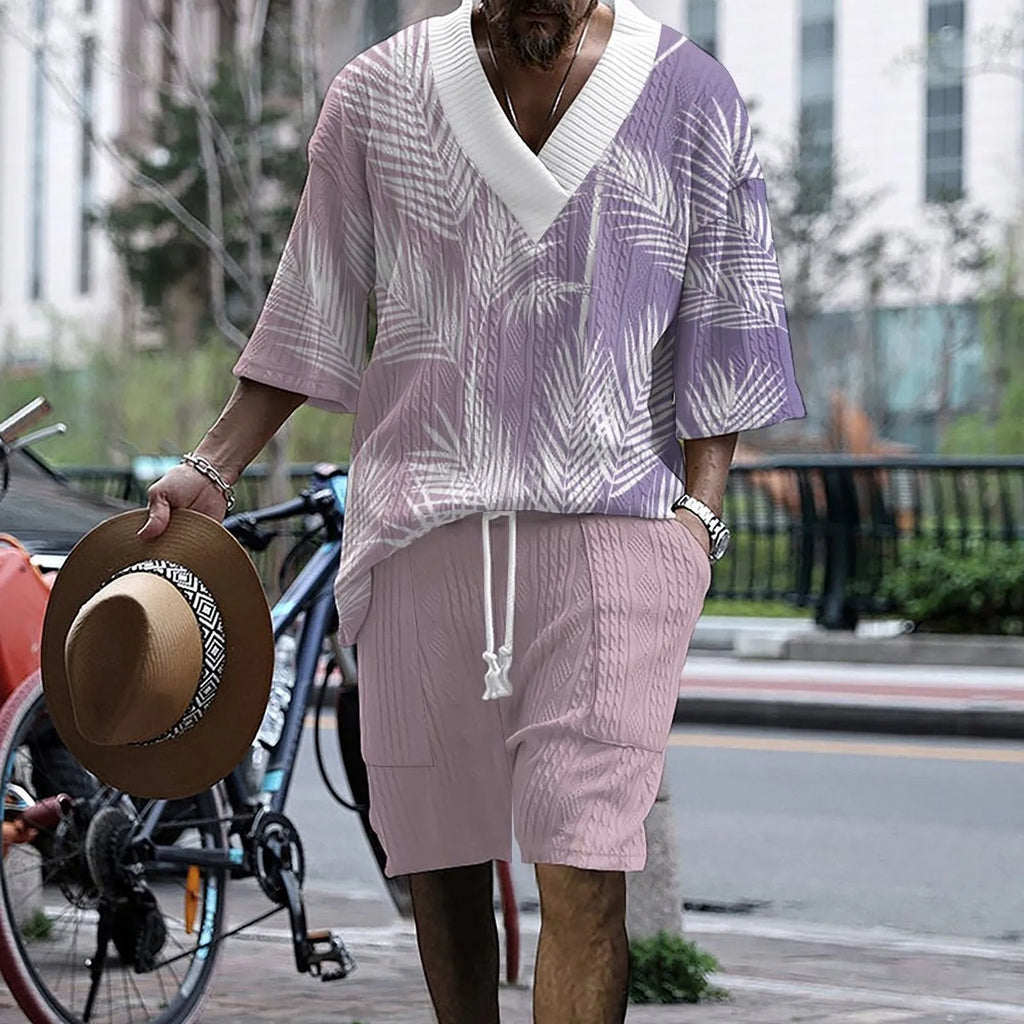 Printed drop-shoulder men's knitted short-sleeved top and matching shorts casual suit set