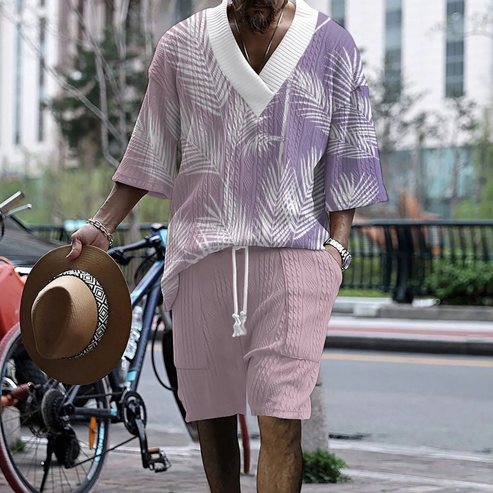 Printed drop-shoulder men's knitted short-sleeved top and matching shorts casual suit set