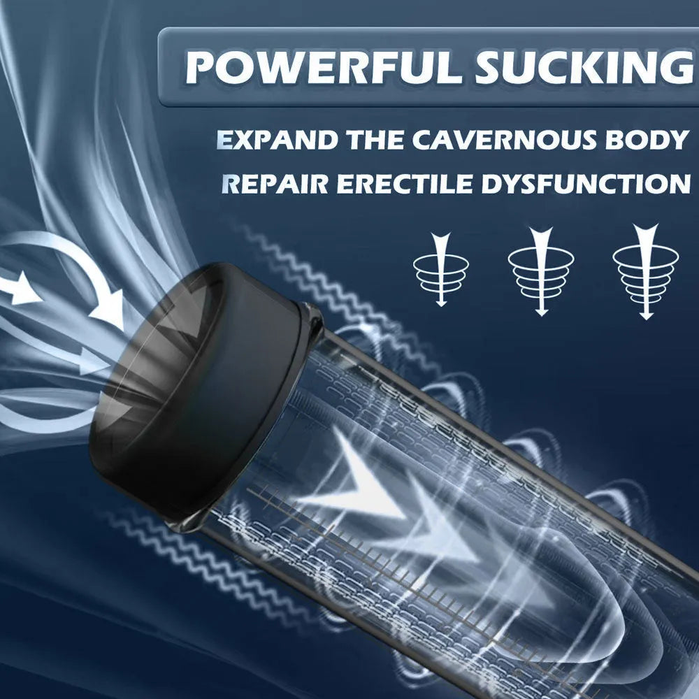 Men's masturbation device with diqiao electric training pump unit made from black ABS and grey TPE.