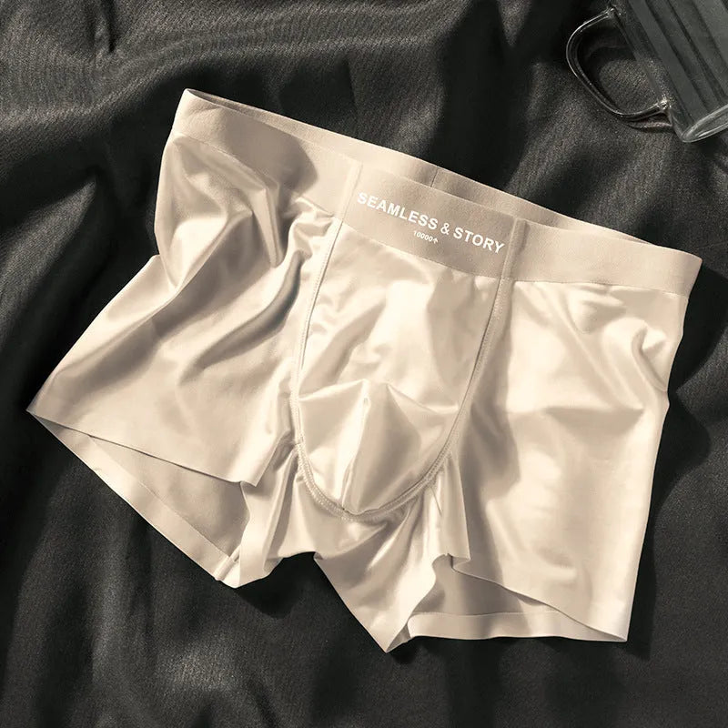 Men's mid-waist ice silk satin underwear in coffee colour showing traceless design