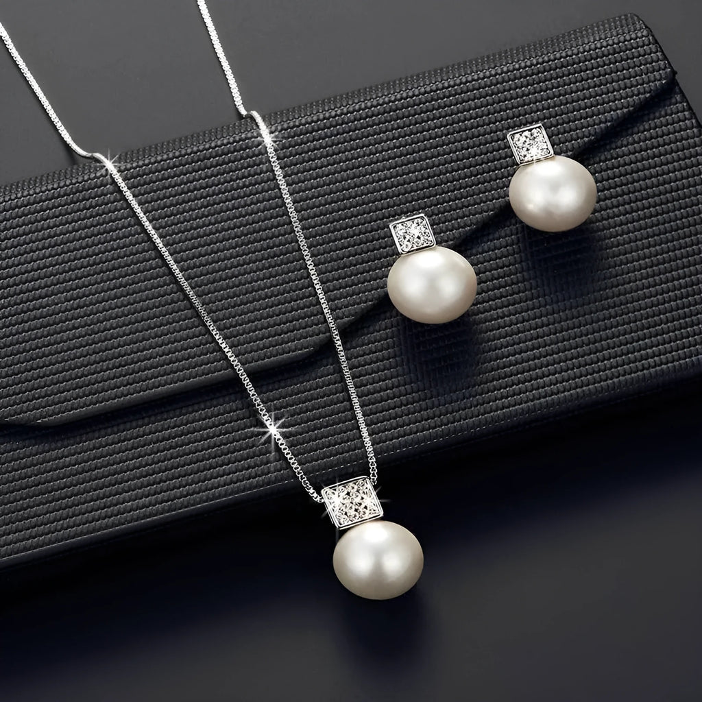 Versatile square pearl earring necklace jewellery set in rose gold with rhinestone cube details and box chain