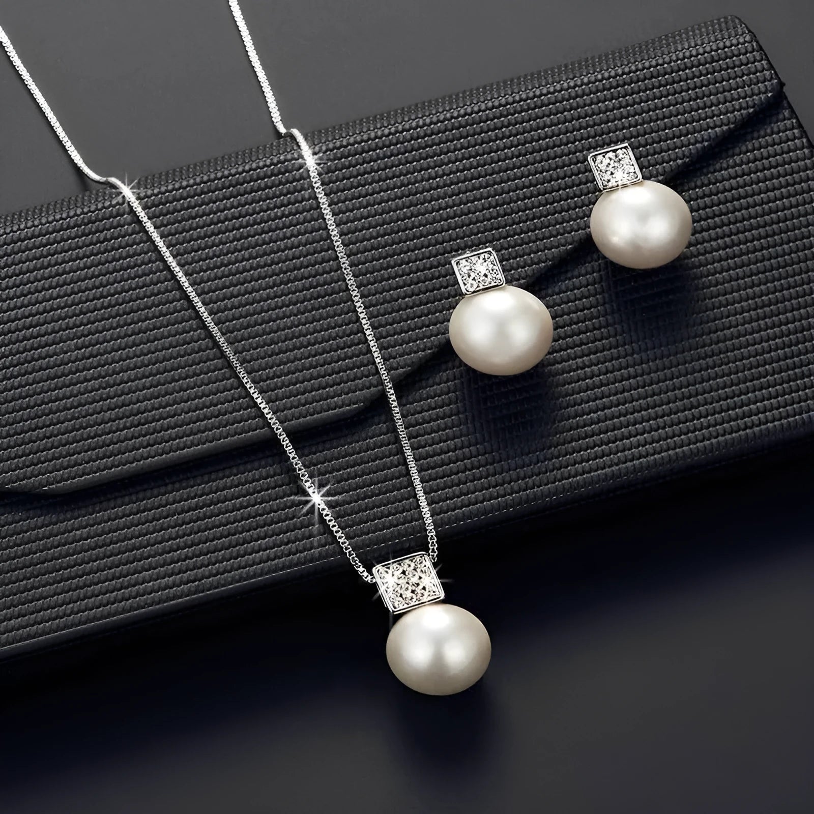 Versatile square pearl earring necklace jewellery set in rose gold with rhinestone cube details and box chain
