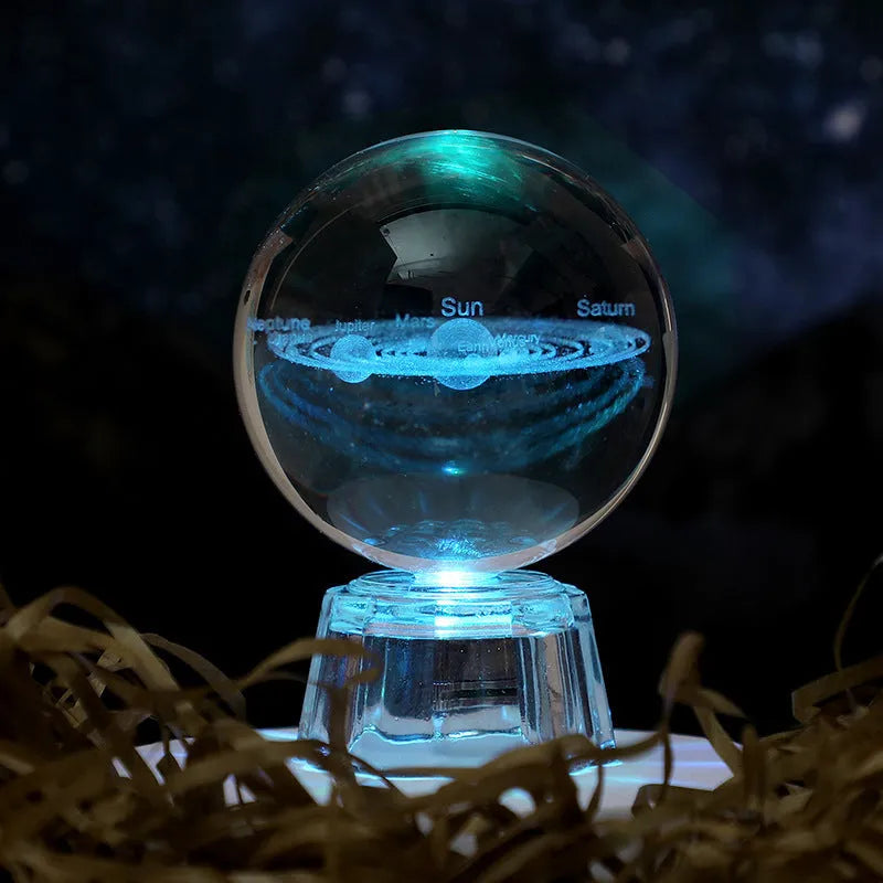 White crystal ball ornament with inner carving on fixed base for tabletop display