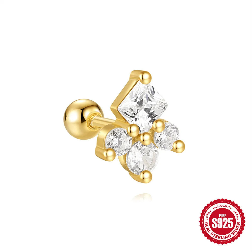 S925 sterling silver stud earrings with red square gravel stones and flower design in gold finish