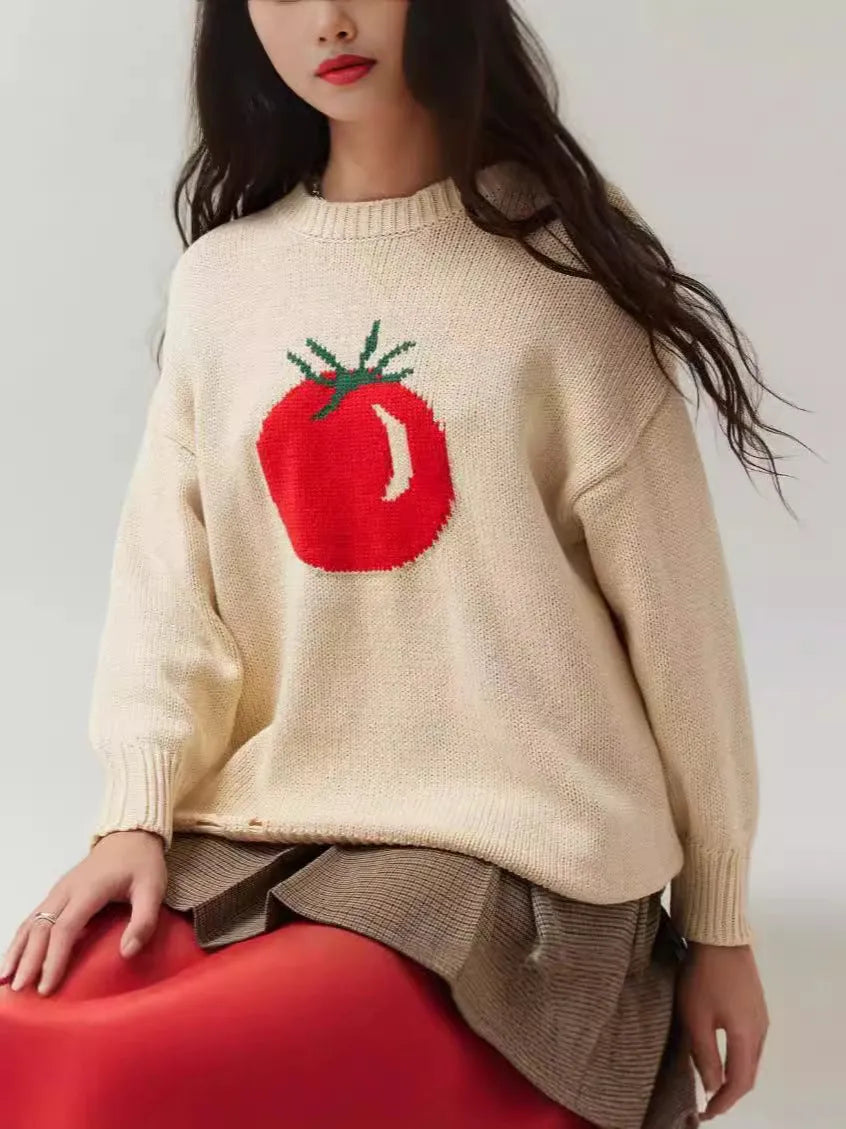 Women's milky white beige acrylic Jacquard pullover sweater with round neck and long sleeves.