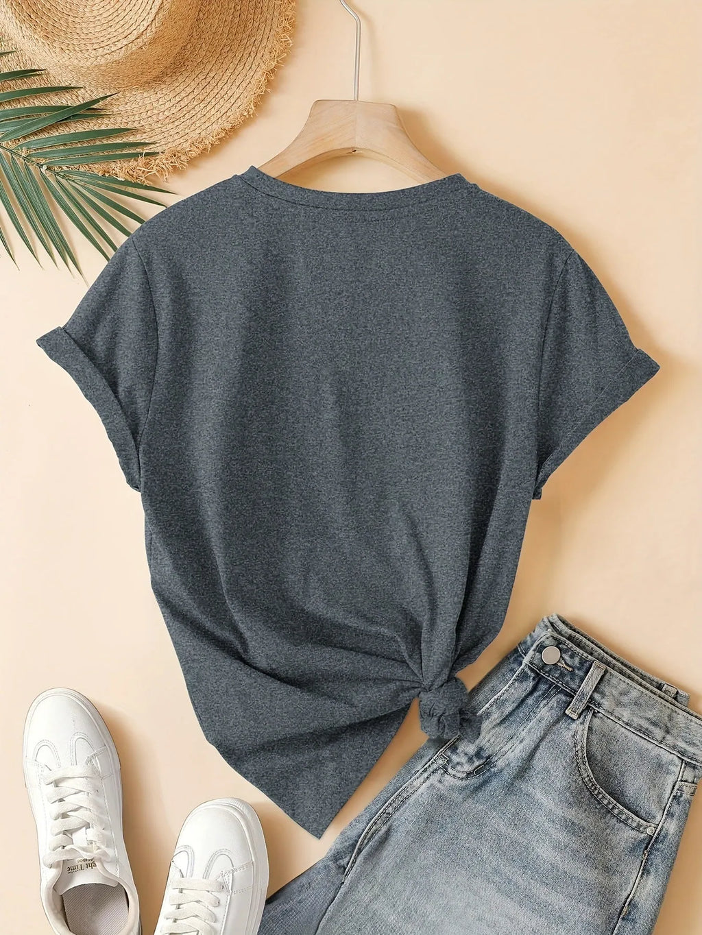 Women's pure cotton short sleeve t-shirt with a printed three-heart pattern in a Chinese retro style, shown in blue.