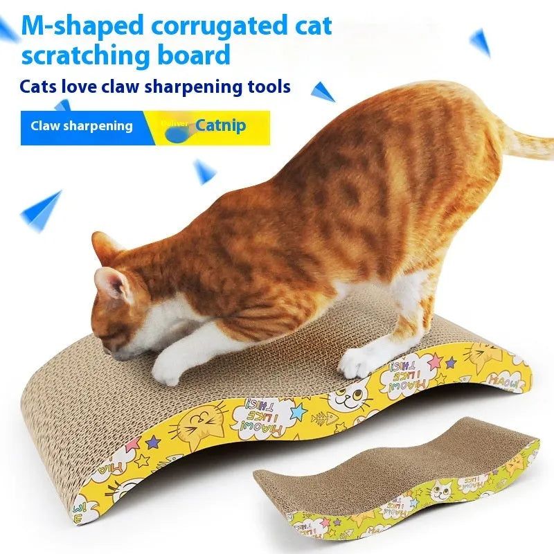 Corrugated paper cat scratch board showing bone-type, M-type, and trapezoid shape options