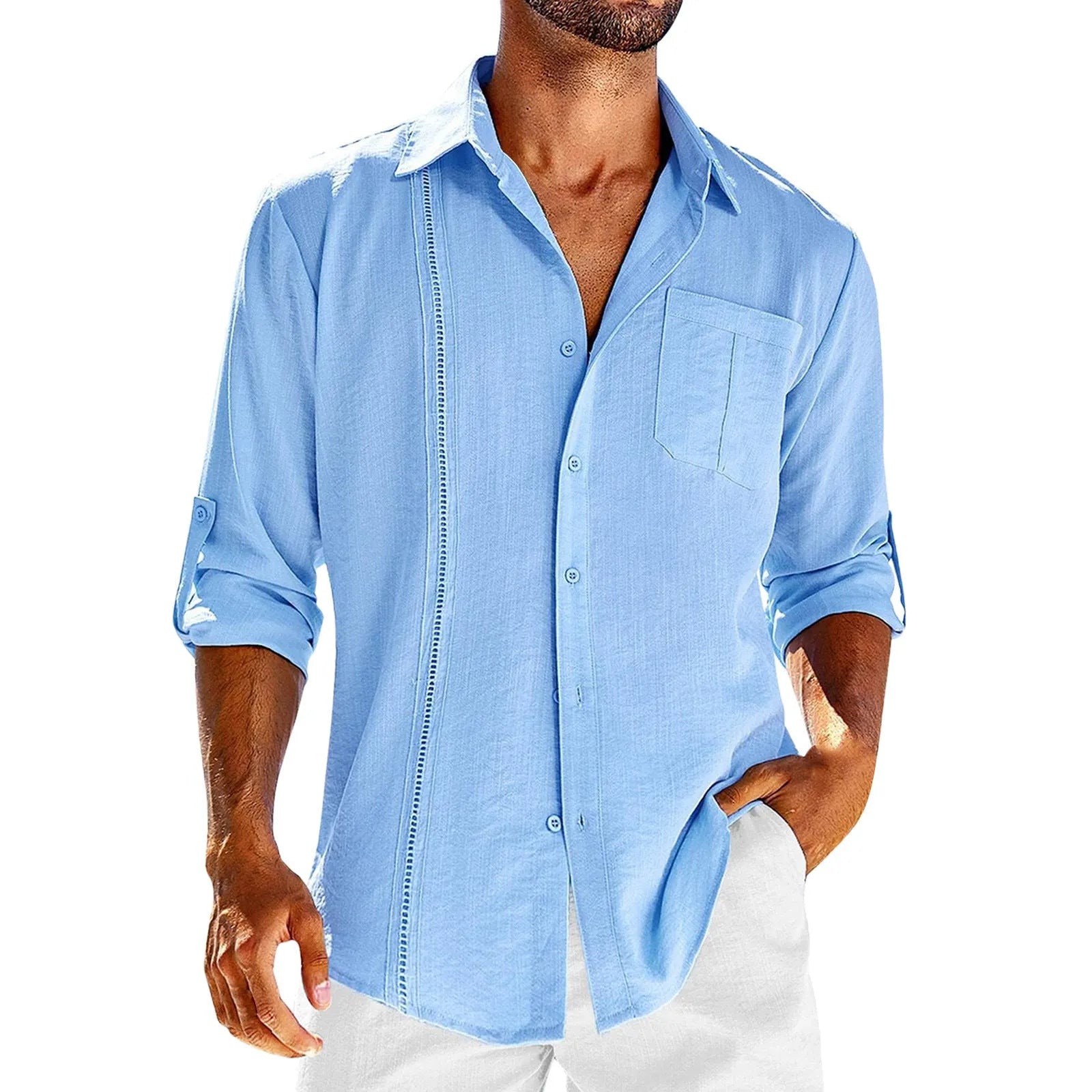 Men's grey long sleeve shirt with polo collar lace detail and button front.